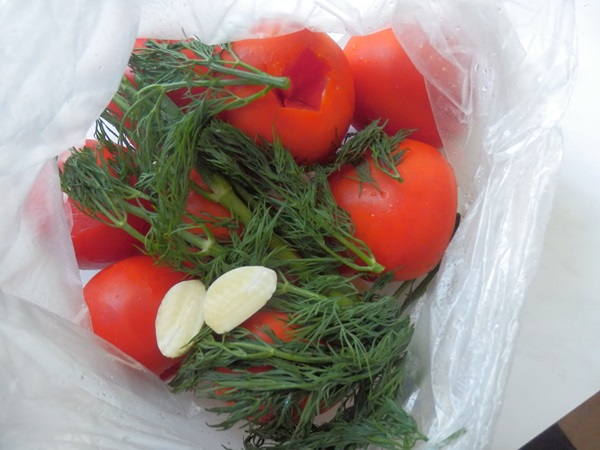 Tomates fraîchement salées dans un sac et une casserole